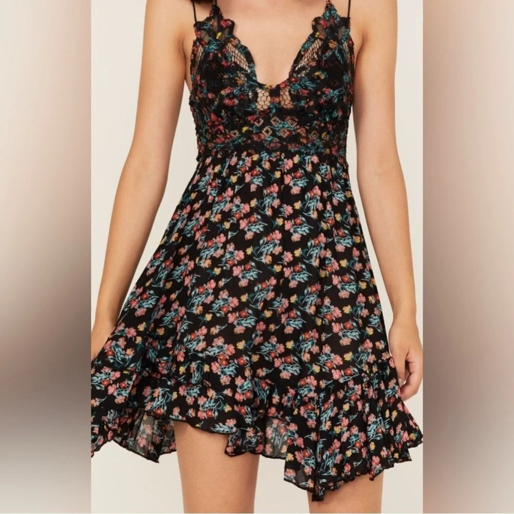 Free People Adella Printed Slip Mini Dress XS Black Combo Floral Festival Boho